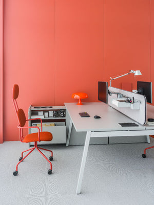 Sonic Ogi Acoustic Desk Screens with Bench Desk and Mobile Chair in Modern Office Setting