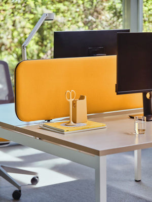 Sonic Ogi Acoustic Desk Screens with Bench Desk and Task Chair in Modern Office Setting 3
