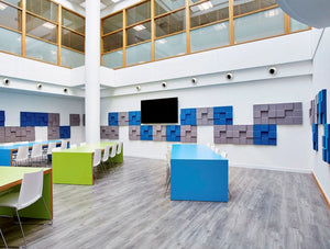 Soundtect Recycled Cubism Acoustic Wall Panel For Canteen And Meeting Rooms With Tables And Mounted Media Screen