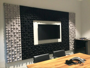 Soundtect Recycled Tetris Wall Acoustic Grey And Black Wall Panel For Meeting Room With Mounted Media Screen