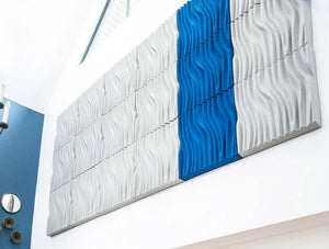 Soundtect Recycled Wave Wall Acoustic Panel In Bright Light Blue And White Finish For Meeting Rooms And Open Offices