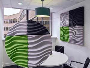 Soundtect Recycled Wave Wall Acoustic Panel In Funky Grey Black And Green Finish For Meeting Rooms