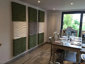 Soundtect Recycled Wave Wall Acoustic Panel In Stylish Green And White Finish For Canteen