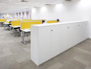 Spacestor Forte Freestanding Storage 6 In White With Yellow Desk Divider In Office Settings