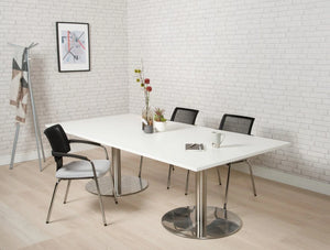 Spacestor Massif Boardroom Table 4 In White With Black Back Chair And Grey Coat Hanger