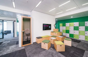 Spacestor Modular Zoning Wooden Bleacher System in Green and White Top Finish with Lockers and Phonebooth