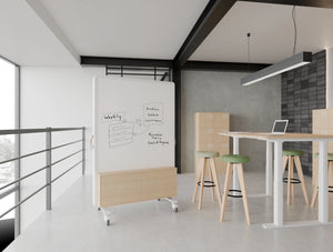 Spry Mobile Wall with Whiteboard and Storage in White Frame with Alega High Stool in Meeting Area Setting