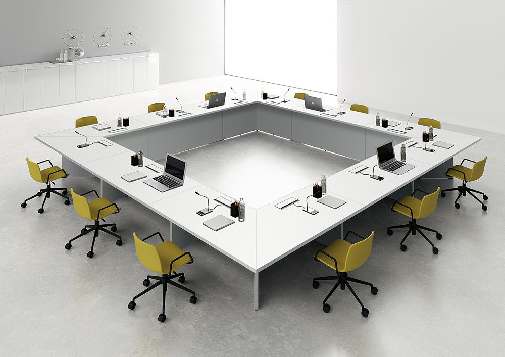 Square Shaped Boardroom Table in White Finish with Mobile Chair in Modern Office Setting