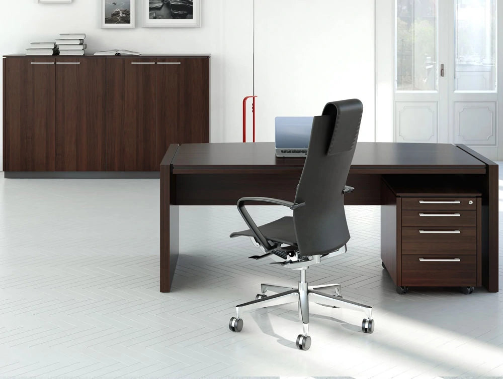 Status Executive Straight Desk With Pedestal Storage Cupboard In Chestnut Finish And Black Ergonomic Chair