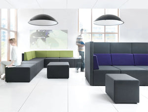 Sunbeam Ceiling Lights For Breakout Or Waiting Areas In Black With Modular Sofas Low And High Back With Pouffe