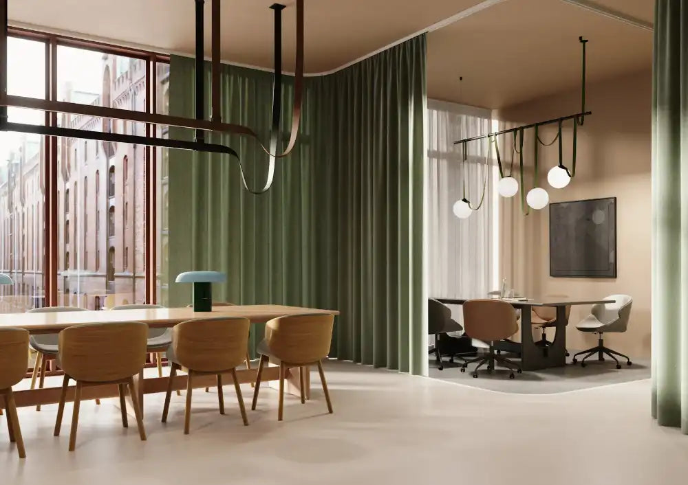 Sund L Wooden Meeting Room Table with Mobile Chairs and Acoustic Ceiling Light in Modern Office Setting