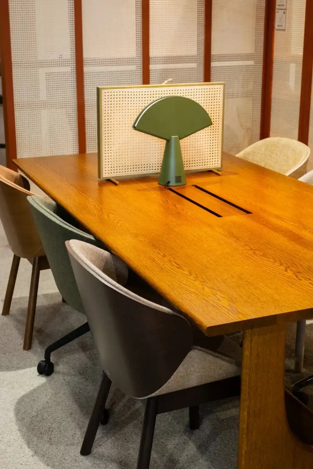 Sund M Wooden Meeting Room Table with Tub Chair and Desk Screen in Modern Office Setting 2