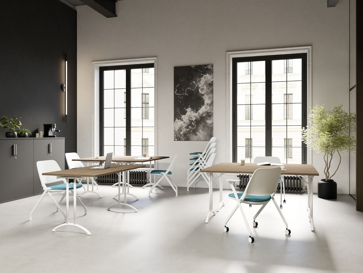 Twister Rectangular Folding Table with Flex Folding Chair and Black Finish Key Wooden Cupboard in Modern Office Setting 2