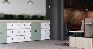 Uno Locker In Two Toned Finish With Acoustic Ceiling Light And Wooden Planter Top In Office Setting