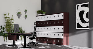 Uno Locker in Two Toned Finish with Dark Wooden Sit Stand Desk and Glass White Vase in Executive Setting