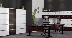 Uno Locker In Two Toned Finish With Dark Wooden Sit Stand Desk And Glass White Vase In Executive Setting