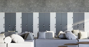 Uno Locker In Two Toned Finish With Grey Round Pillow And Modular Sofa In Beakout Setting