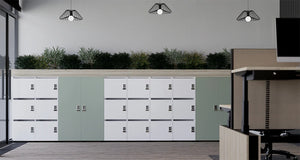 Uno Locker In Two Toned Finish With Wooden Planter Top And Black Ceiling Light In Office Setting