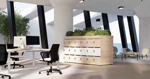 Uno Locker In Two Toned Finish With Wooden Planter Top And Low Coffee Table In Breakout Setting