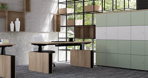 Uno Locker in Two Toned Finish with Wooden Sit Stand Desk and Wooden Wall Planter in Executive Office Setting