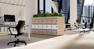 Uno Locker In Two Toned Finish With Wooden Top Meeting Room Table And Planter Top In Breakout Setting