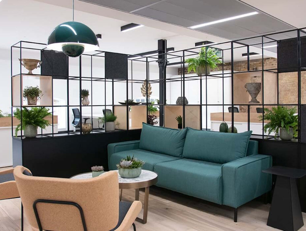 Upholstered Sofa Office Furniture With Coffee Table And Lounge Chair In Reception Setting