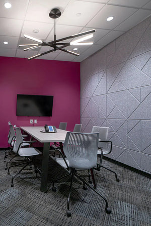 Ezoboard V Notch Wall Panelsin Grey Finish With Wooden Top Rectangular Table And Grey Armchair In Meeting Room Setting