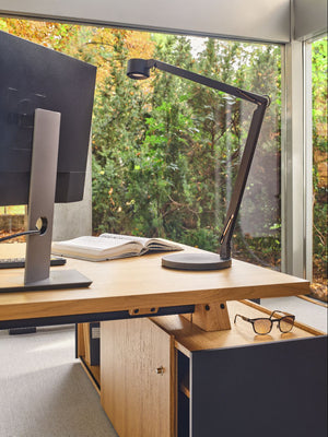Viga Executive Desk with Side Storage and Pedestal with Table Lamp in Modern Office Setting