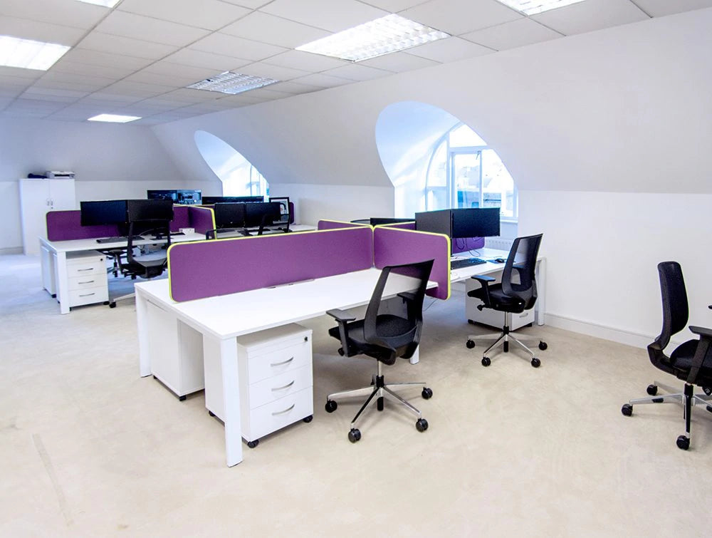 White Desks With Black Mesh Chairs And Purple Desk Dividers