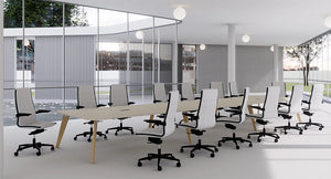 Ws.D 3 Piece Alega Table In 6 Wooden Legs With White Office Chairs And Round Ceiling Light In Boardroom Setting 2
