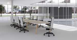 Ws.D 3 Piece Alega Table In 6 Wooden Legs With White Office Chairs And Round Ceiling Light In Boardroom Setting 5