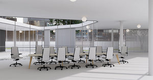 Ws.D 3 Piece Alega Table In 6 Wooden Legs With White Office Chairs And Round Ceiling Light In Boardroom Setting 6