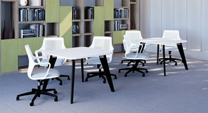 Ws.D Alega Square Table In White Top Finish With Meeting Room Chair And Wooden Bookshelves In Breakout Setting 2