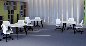 Ws.D Alega Square Table In White Top Finish With Meeting Room Chair And Wooden Bookshelves In Breakout Setting