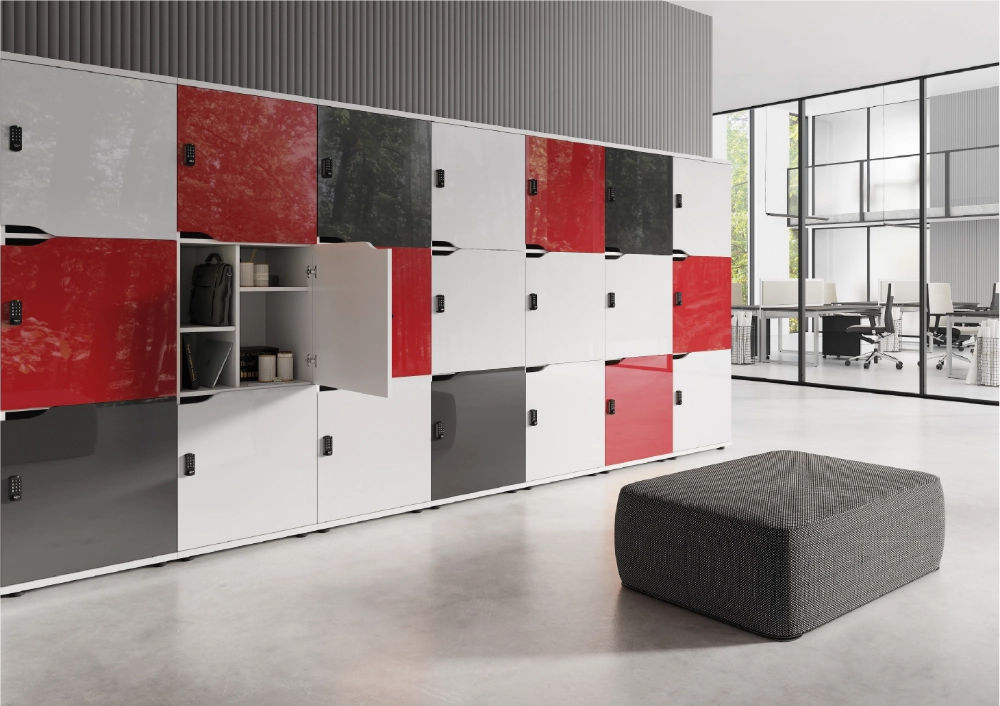 Wuteh 3 Door Locker Different Door Finishes with Low Pouffe in Locker Room Setting