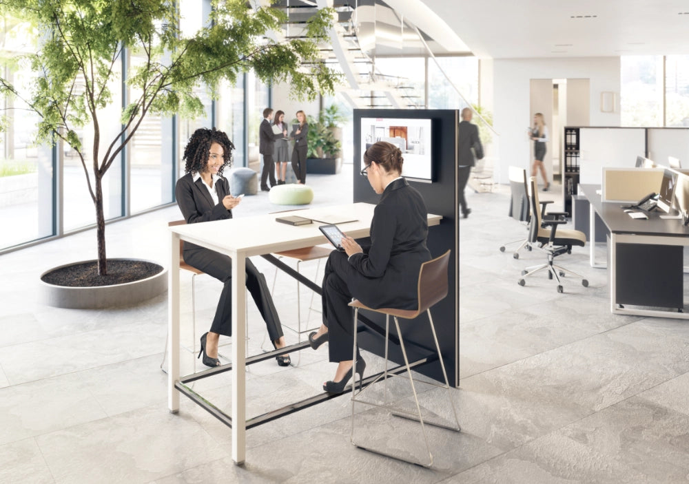 Wuteh High Top Table Multimedia Table with Brown High Stool and Black Top Bench Desk in Modern Office Setting