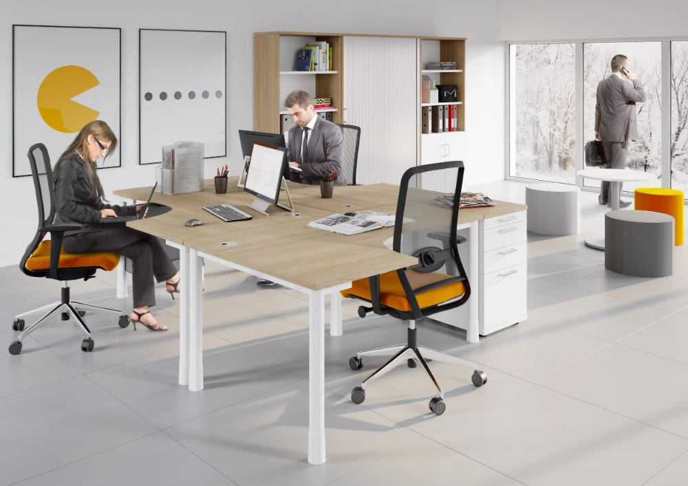 Wuteh Tambour Storage Unit with Oak Top Radial Desks and Mesh Back Armchair in Modern Office Setting