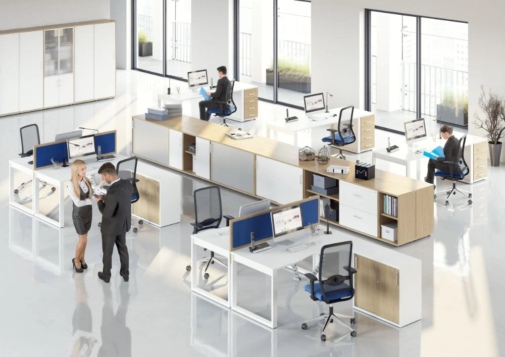 Wuteh Tambour Storage Unit with White Radial Desks and Mehsh Back Armchair in Modern Office Setting