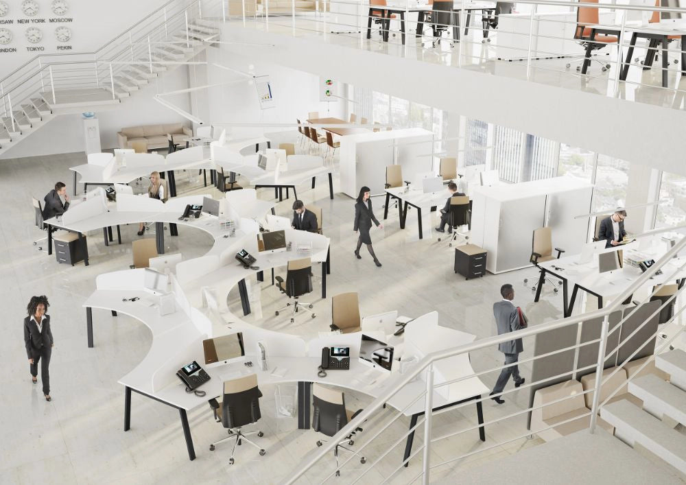 Wuteh Tambour Storage Unit with White Top Modular Desks in Modern Office Setting